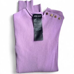 Giorgio Armani Ribbed Knit Lavender Long-Sleeve Top with Gold Button Detail